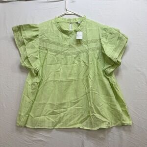 Cato Island Time Butterfly Lime Green Cotton Lace Flutter Sleeve Top 26/28W NEW